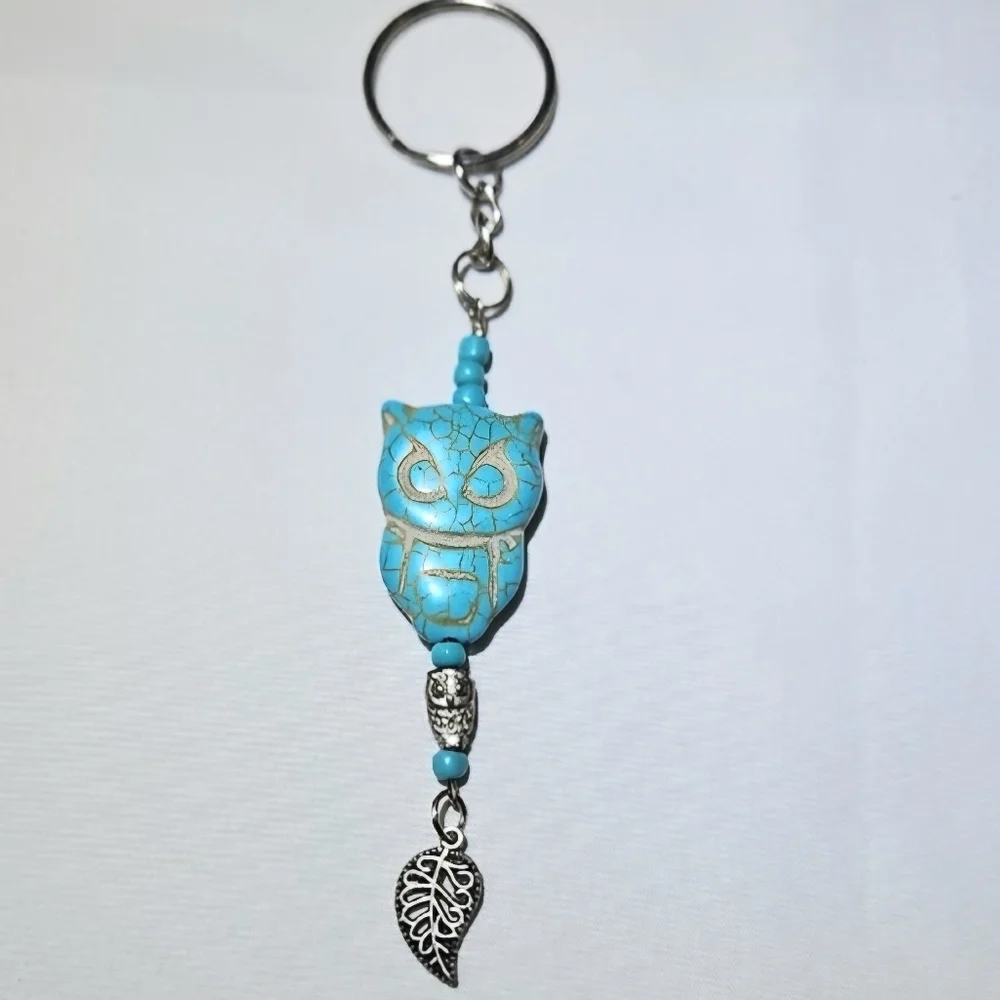 Turquoise Owl Charm With Silver Leaf Charm Keyring Handmade